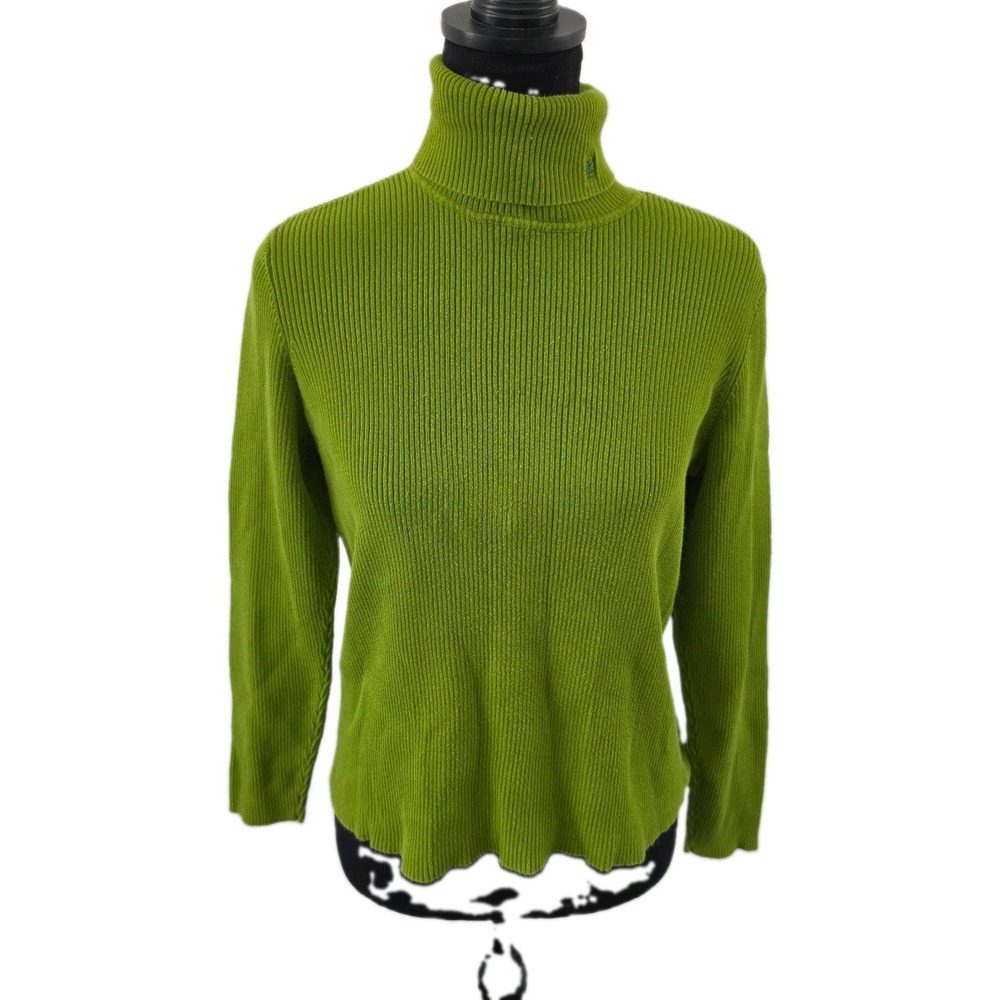 Lauren Ralph Lauren Women's Green Ribbed Knit Turtleneck Sweater L 100% Cotton